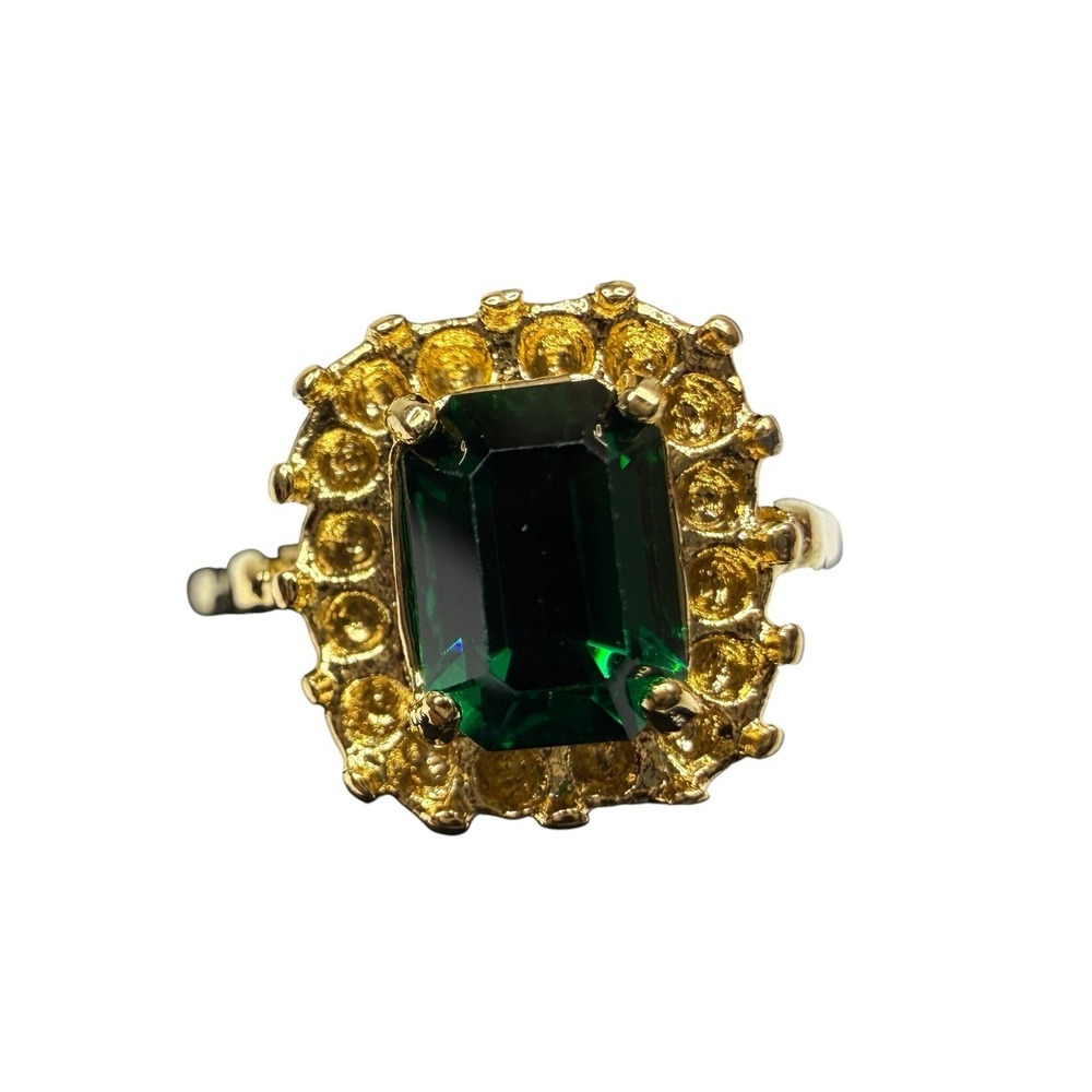 18K GE Gold Emerald Cut Green Gemstone Halo Cocktail Ring Jewelry Size 7